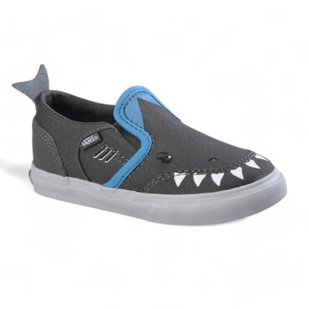 Vans Off The Wall Classic Slip-On V Shark Shoes Gray Blue Little Kids Size US 4